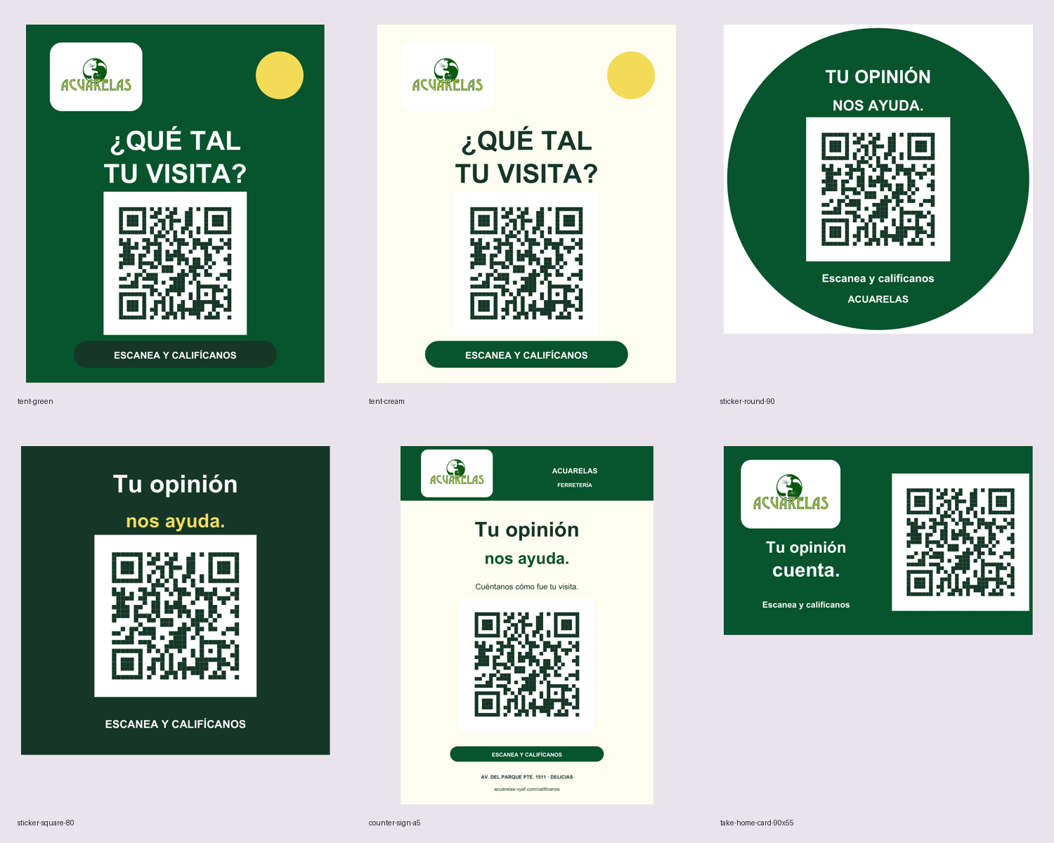 Vista de los seis diseños imprimibles: dos tents, dos stickers, letrero y tarjeta